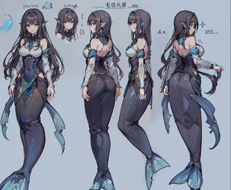 1woman, reference sheet, matching outfit (fantasy character outfit design, front, back, side) dark brown hair, blue eyes. mermaid mage, swimsuit corset, ancient inscriptions, runes, translucent dress. lean athletic build. neatly kept, long hair. half fish....