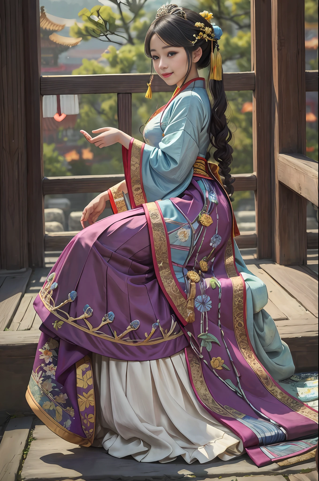(8K, Top Quality, Masterpiece: 1), (Realistic, Photorealistic: 1), Cute, (Smile: 0.9), (Mouth Closed), Small Breasts, Solo, Beautiful Detailed Eyes, Perfect Face, Song Hanfu, 1 Girl, Longchamp, Pleated Champ Skirt, Absurdity, High Resolution, Ultra Detailed, (Princess, Solo: 1.1), Stylish Pose, Textile Manipulation, Textile Design, Embroidery, Innovative Technology, Tactile Works,(Full Body),(Chinese Shoes),(from Side:1.5),(See Below),(Hanfu),