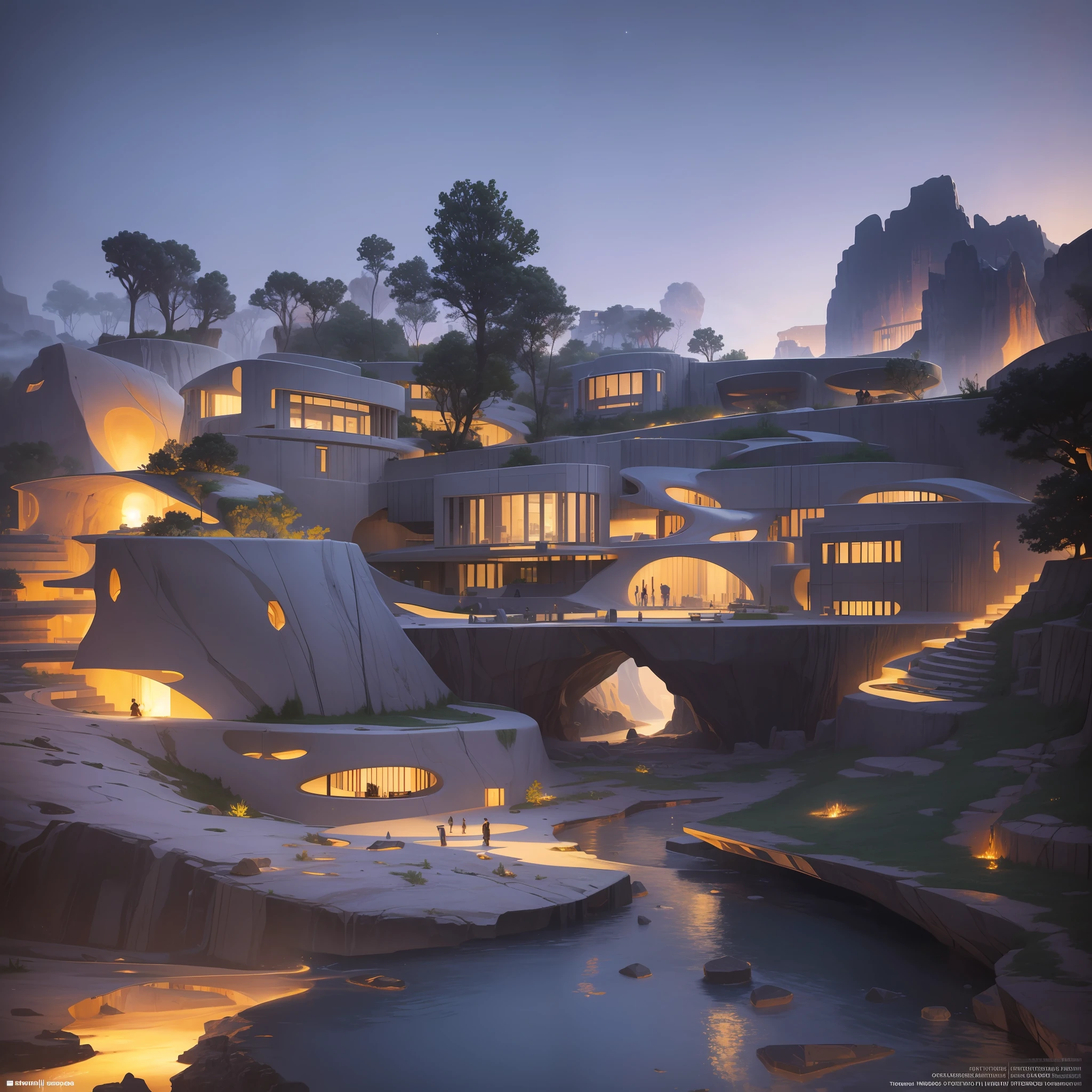 Command: ``/create prompt:Futuristic design of cave  architecture interiors concept art on grand Canyon caves nature architecture, proportional,detailed, cave architecture nature meets futuristic architecture by Toyo Ito and Philip Johnson ,residential area, futuristic development, high rise made up staircases, balconies, full of rock and glass facades, residential spaces carved from cliff side ,trending on artstation, beautiful lighting,In the style of Jean Nouvel   masterpiece, fantasy, intricate, award winning, 4k, highest quality render   model:Real`` --auto --s2