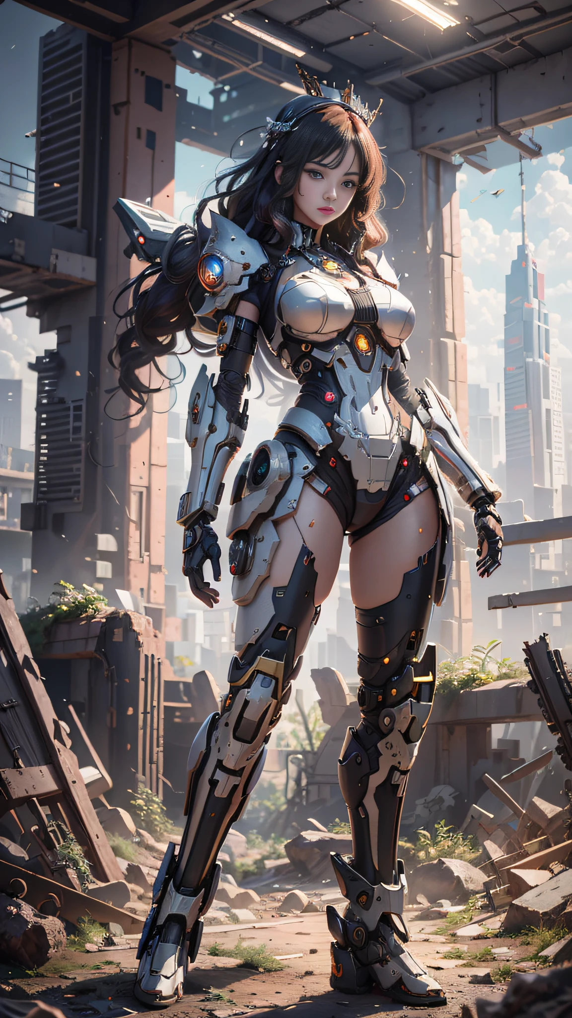 ((Best Quality)), ((Masterpiece)), (Very Detailed: 1.3), 3D, Icaru valkirie-mecha, Beautiful cyberpunk woman wearing crown with her red and blue mecha in ruins of a forgotten war city, long red hair, sci-fi technology, HDR (High Dynamic Range), ray tracing, nvidia RTX, super resolution, unreal 5, subsurface scattering, PBR texture, post-processing, anisotropic filtering, depth of field, maximum sharpness and sharpness,  multi-layer texture, specular and albedo mapping, surface shading, accurate simulation of light-material interactions, perfect proportions, octane rendering, duotone lighting, low ISO, white balance, rule of thirds, wide aperture, 8K RAW, high efficiency subpixels, subpixel convolution, light particles, light scattering, Tyndall effect, very sexy, full body, battle pose, black hair with braids,