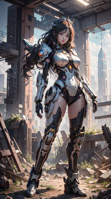 ((Best Quality)), ((Masterpiece)), (Very Detailed: 1.3), 3D, Icaru valkirie-mecha, Beautiful cyberpunk woman wearing crown with her red and blue mecha in ruins of a forgotten war city, long red hair, sci-fi technology, HDR (High Dynamic Range), ray tracing...