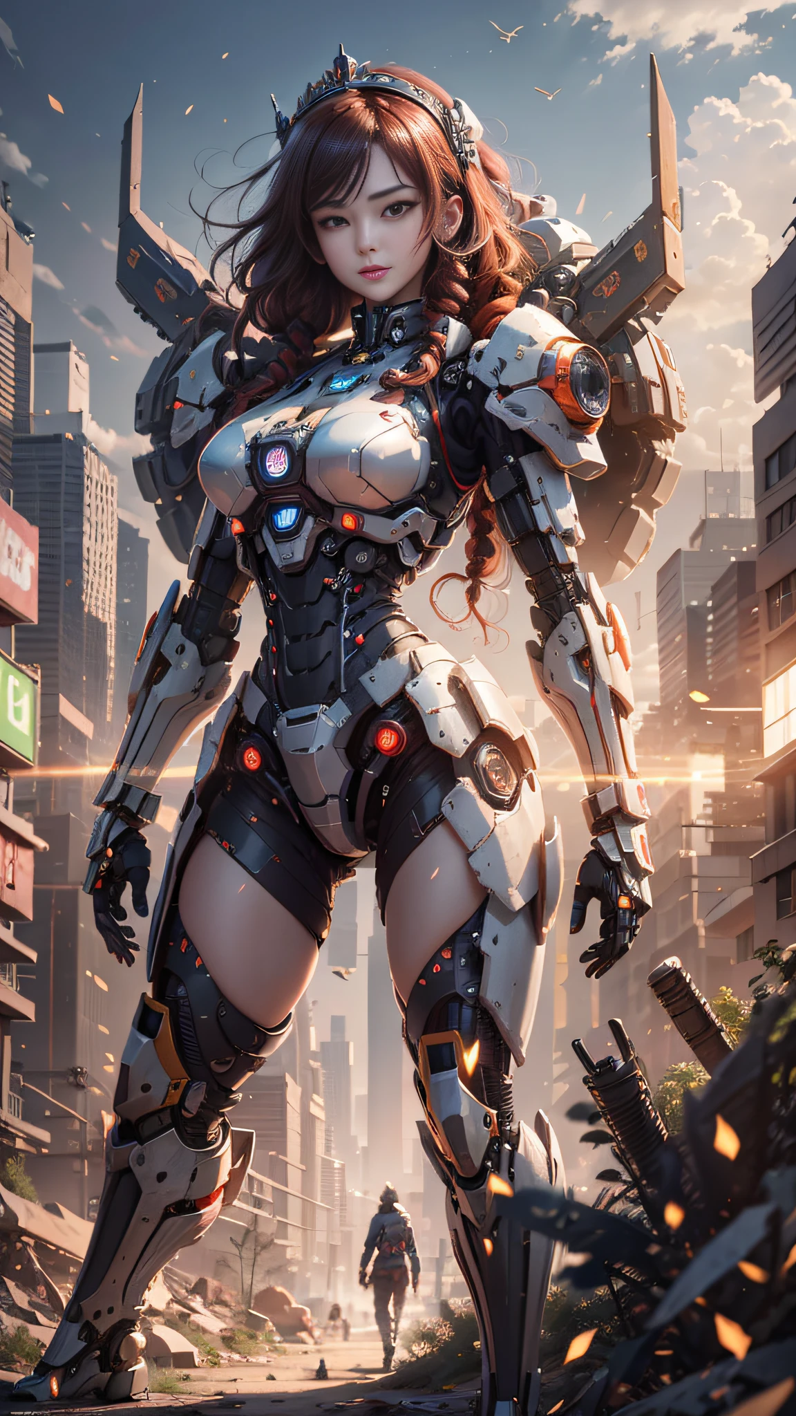 ((Best Quality)), ((Masterpiece)), (Very Detailed: 1.3), 3D, Icaru valkirie-mecha, Beautiful cyberpunk woman wearing crown with her red and blue mecha in ruins of a forgotten war city, long red hair, sci-fi technology, HDR (High Dynamic Range), ray tracing, nvidia RTX, super resolution, unreal 5, subsurface scattering, PBR texture, post-processing, anisotropic filtering, depth of field, maximum sharpness and sharpness,  multi-layer texture, specular and albedo mapping, surface shading, accurate simulation of light-material interactions, perfect proportions, octane rendering, duotone lighting, low ISO, white balance, rule of thirds, wide aperture, 8K RAW, high efficiency subpixels, subpixel convolution, light particles, light scattering, Tyndall effect, very sexy, full body, battle pose, black hair with braids,