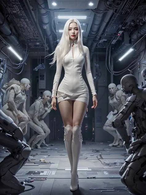 there is a woman in a white bodysuit standing in a room with aliens, beutiful white girl cyborg, elle fanning as an android, per...