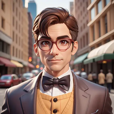 (Pixar 1.25 style) 1 man ((upper body front, bust shot)), solo, front, very comical face, very detailed eyes, brown eyes, very detailed nose, very detailed mouth, friendly, Korean, men's suit, bow tie, glasses, downtown area, ((masterpiece, highest quality...