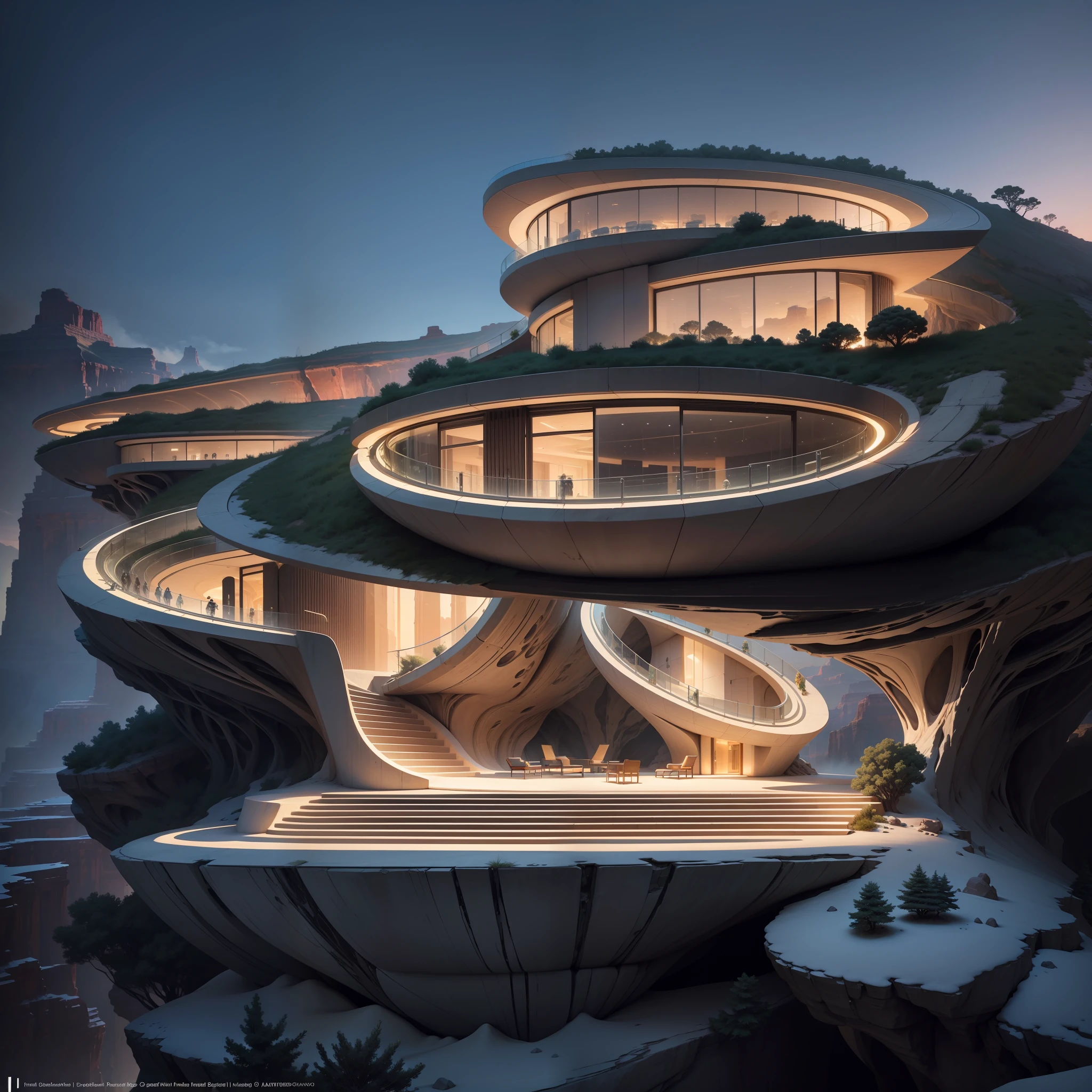 A rendering of a futuristic house with a spiral staircase leading to a ...