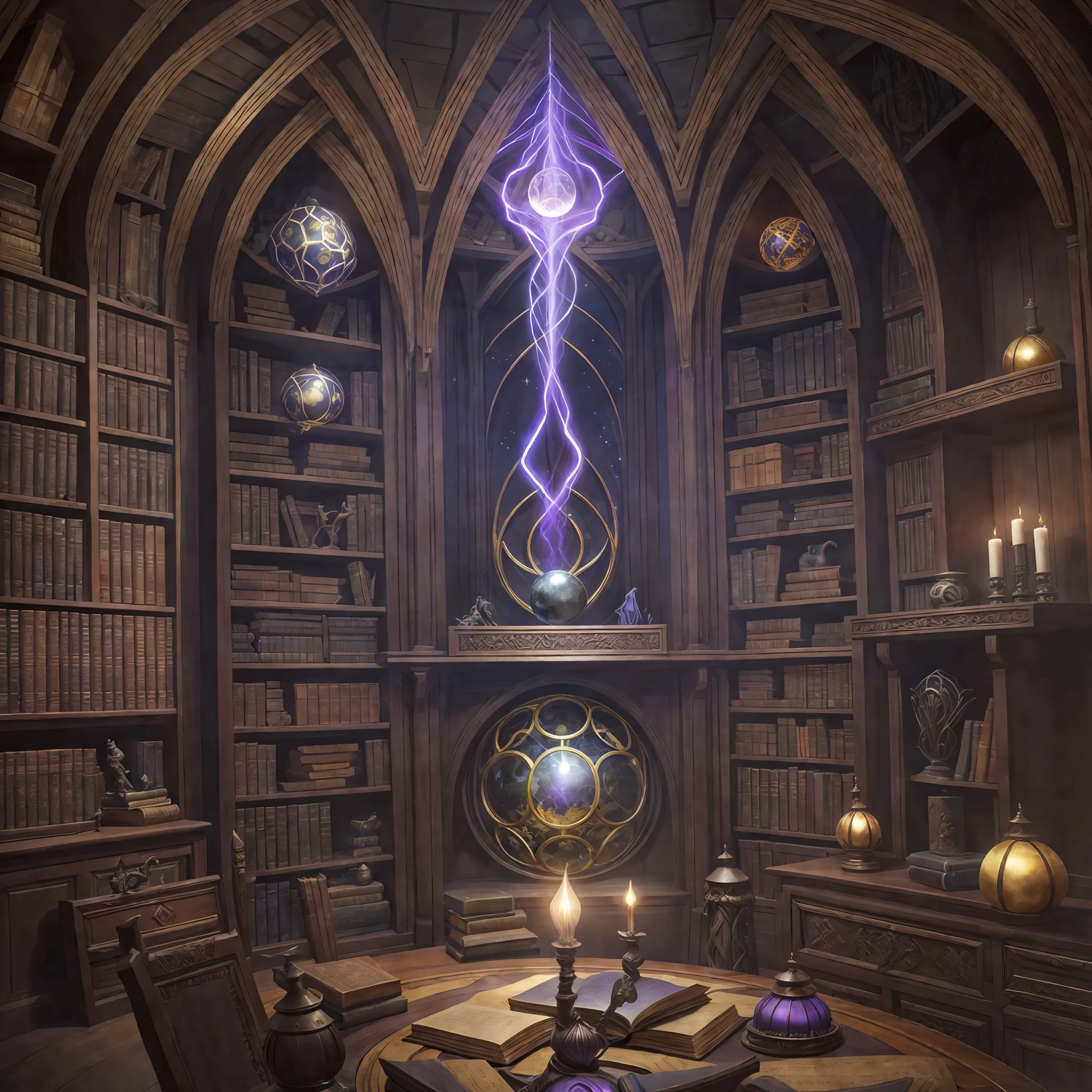 A Wizards den, in the style of visionary otherworldly, interior design with soft lighting, Wizard room, with books and potions, dark purple and bronze, luminous spheres, leonardo da vinci