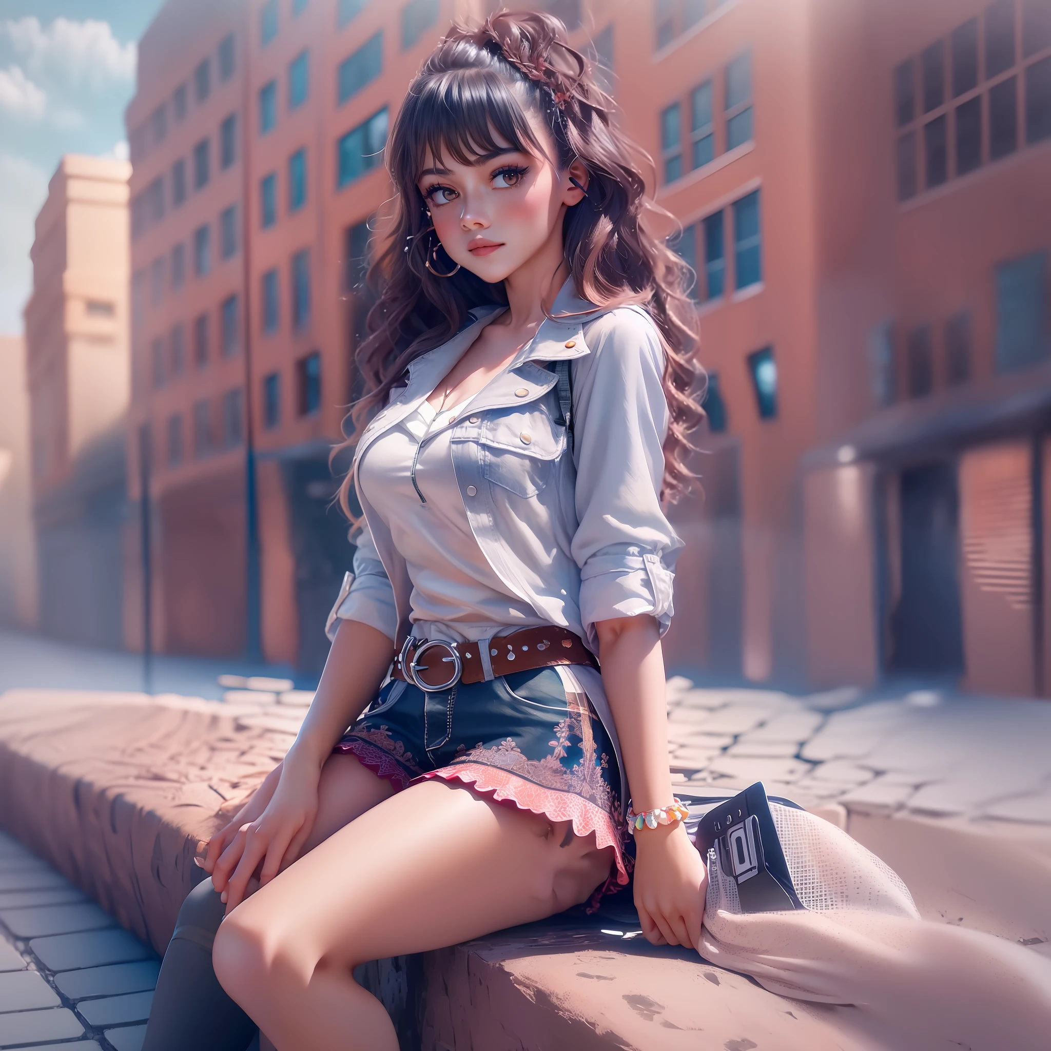 A masterpiece in high quality, a detailed image in static CG of 8K, with a beautiful and delicate atmosphere. Inspired by a look of "Chibe", a brunette girl with dark brown curly hair, Brazilian, dark brown eyes, serious expression, wearing white blouse, shorts and lace socks with sneakers, holding a cell phone, with an open zipper coat. The background features a well-lit city environment, with balanced light and shadow and a combination of well-saturated colors, bringing depth and texture to the image