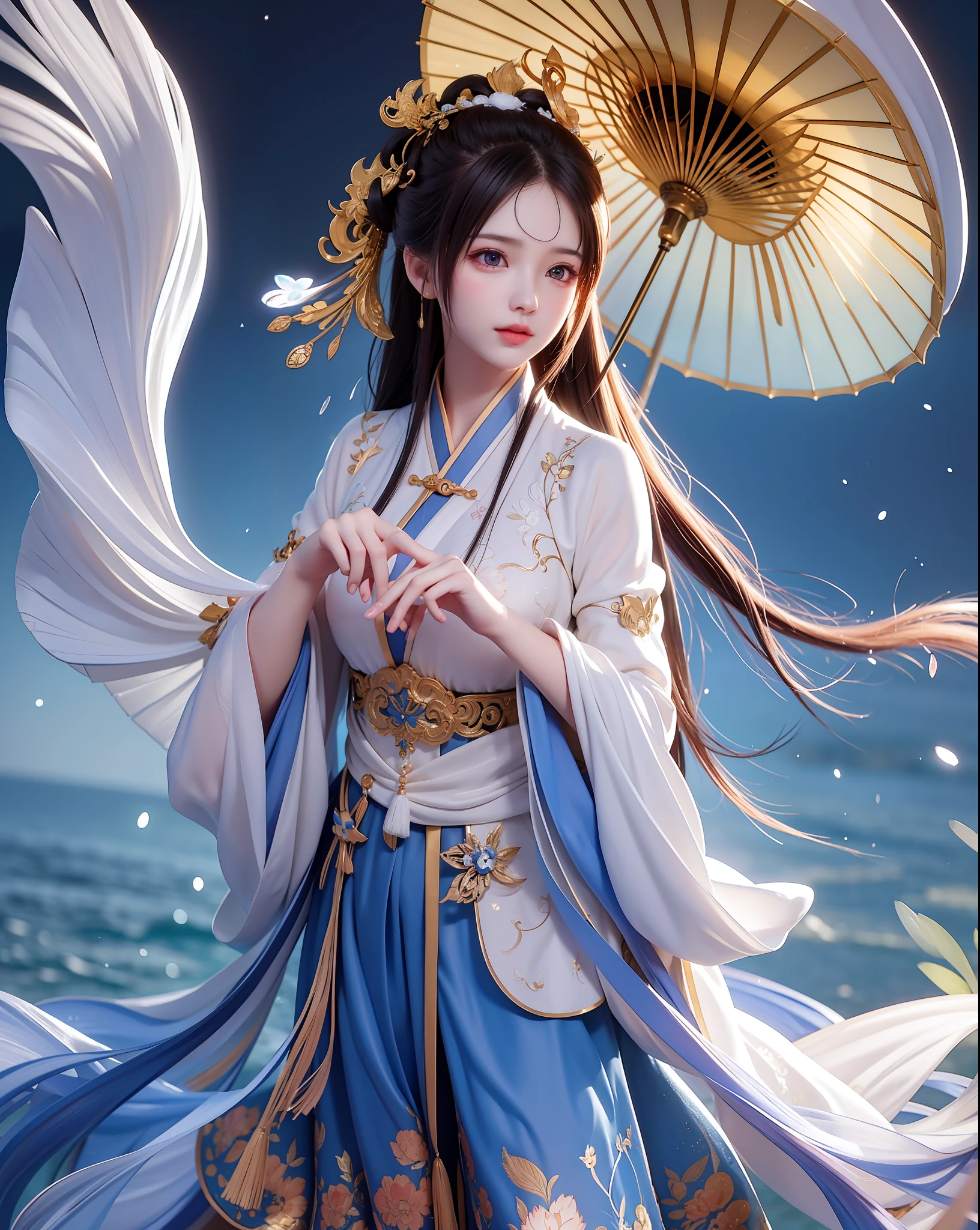 (8K, RAW photo:1.2), best quality, ultra high res,dramatic angle,(fluttered detailed color splashs), (illustration),(((1 girl))),(long hair),(rain:0.9), (Headdress:1.4),There is an ancient palace beside the girl,Hanfu,(Key Points),Color ink painting,(Splash of Color),Splash of Color,(((colorful))),(sketch:0.8) , Masterpiece, best quality, beautiful painted, highly detailed,(denoising:0.6),[splash ink],((ink refraction)), (beautiful detailed sky),moon,highly,detaild,(masterpiece, best quality, extremely detailed） CG unity 8K壁纸，masterpiece，best quality，Ultra Detailed），（Lycoris），