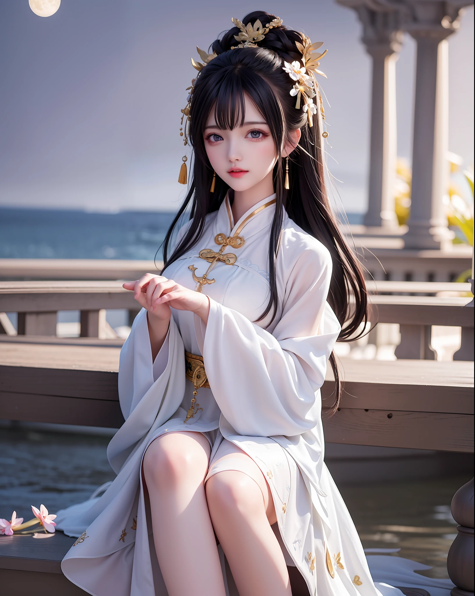 (8k, RAW photo:1.2), best quality, ultra high res,dramatic angle,(fluttered detailed color splashs), (illustration),(((1 girl))),(long hair),(rain:0.9), (Headdress:1.4),There is an ancient palace beside the girl,Hanfu,(Key Points),Color ink painting,(Splash of Color),Splash of Color,(((colorful))),(sketch:0.8) , Masterpiece, best quality, beautiful painted, highly detailed,(denoising:0.6),[splash ink],((ink refraction)), (beautiful detailed sky),moon,highly,detaild,(masterpiece, best quality, extremely detailed） CG Unity 8k Wallpaper，masterpiece，best quality，Ultra Detailed），（Lycoris），