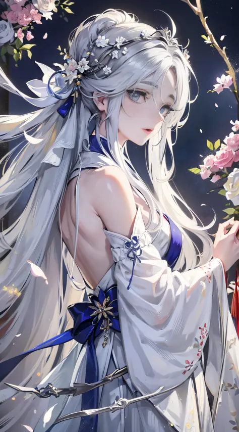 Masterpiece, silver-white long-haired beauty, absolutely beautiful, complex and gorgeous hair accessories, wearing beautiful and gorgeous Hanfu, blue eyes, long eyelashes, highlight, withered petals, beautiful, charming, perfect, super clear, HD