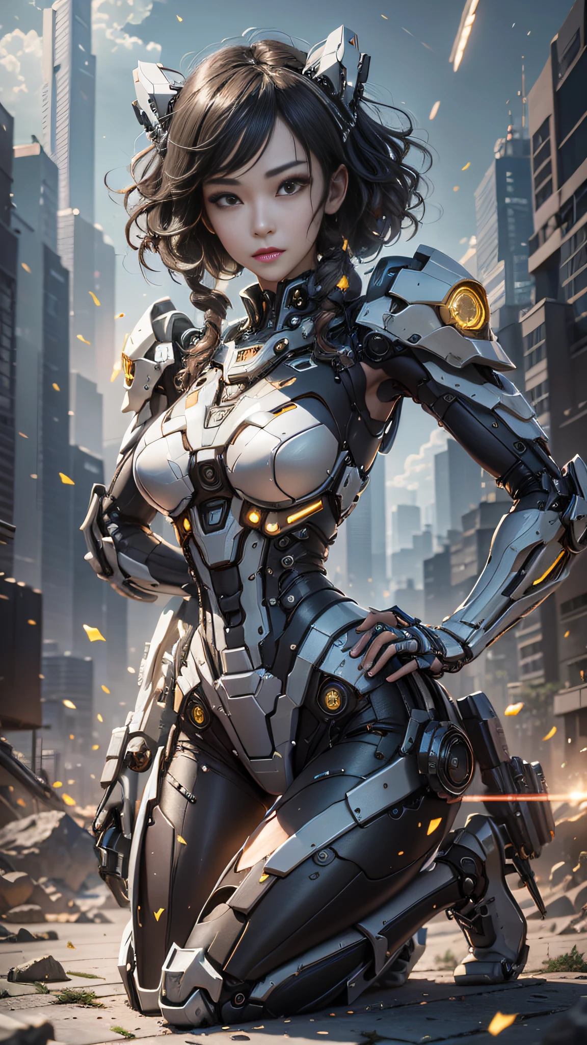 ((Best Quality)), ((Masterpiece)), (Very Detailed: 1.3), 3D, Icaru valkirie-mecha, Beautiful cyberpunk woman using crown, sci-fi technology, HDR (High Dynamic Range), ray tracing, nvidia RTX, super resolution, unreal 5, subsurface scattering, PBR texture, post-processing, anisotropic filtering, depth of field, maximum sharpness and sharpness, multi-layer texture, specular and albedo mapping, surface shading, accurate simulation of light-material interactions,  perfect proportions, octane rendering, duotone lighting, low ISO, white balance, rule of thirds, wide aperture, 8K RAW, high efficiency subpixels, subpixel convolution, light particles, light scattering, Tyndall effect, very sexy, full body, battle pose, black hair with braids,