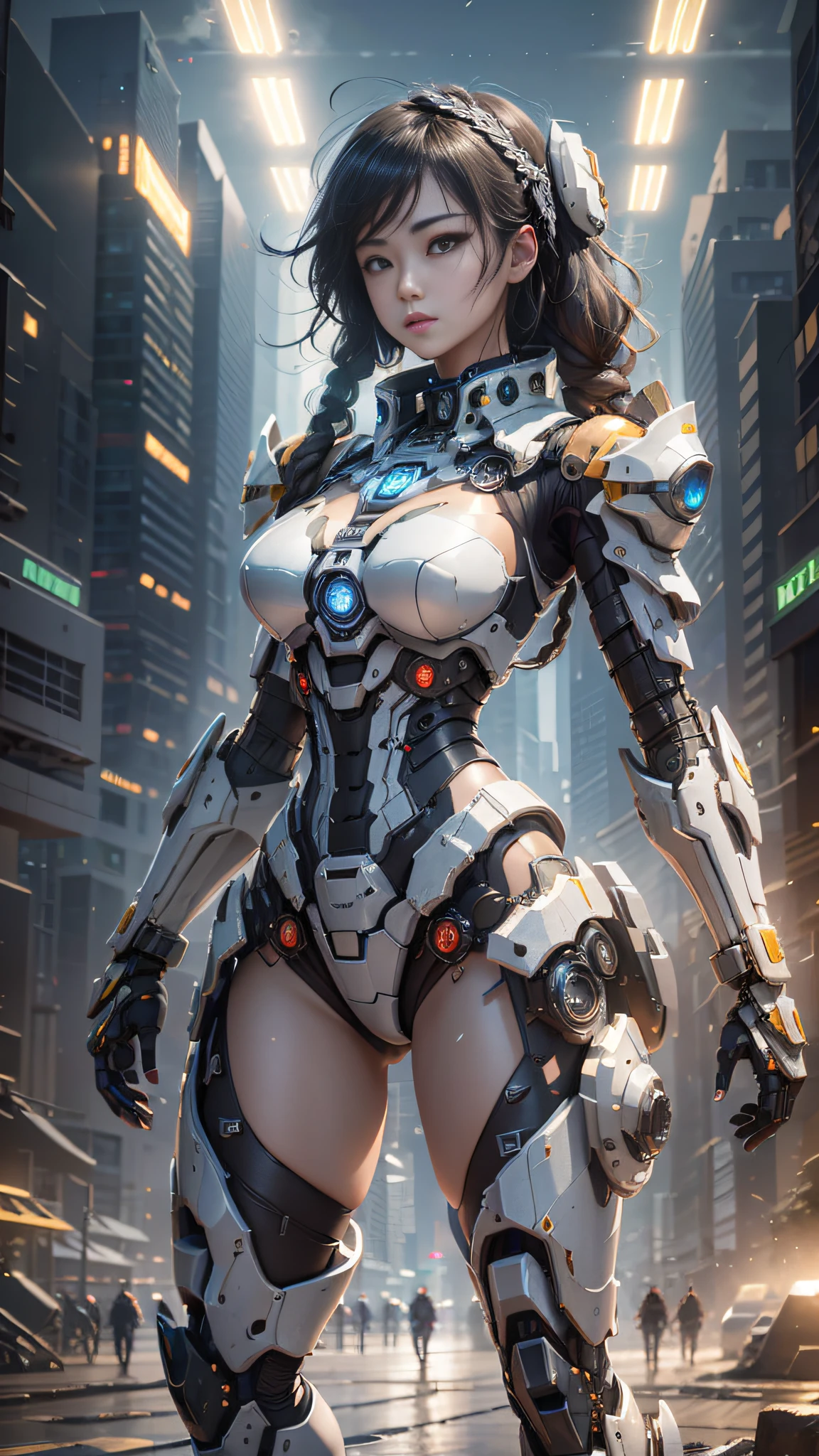((Best Quality)), ((Masterpiece)), (Very Detailed: 1.3), 3D, Icaru valkirie-mecha, Beautiful cyberpunk woman using crown, sci-fi technology, HDR (High Dynamic Range), ray tracing, nvidia RTX, super resolution, unreal 5, subsurface scattering, PBR texture, post-processing, anisotropic filtering, depth of field, maximum sharpness and sharpness, multi-layer texture, specular and albedo mapping, surface shading, accurate simulation of light-material interactions,  perfect proportions, octane rendering, duotone lighting, low ISO, white balance, rule of thirds, wide aperture, 8K RAW, high efficiency subpixels, subpixel convolution, light particles, light scattering, Tyndall effect, very sexy, full body, battle pose, black hair with braids,
