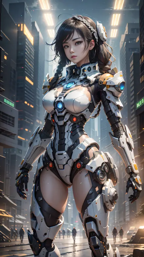 ((Best Quality)), ((Masterpiece)), (Very Detailed: 1.3), 3D, Icaru valkirie-mecha, Beautiful cyberpunk woman using crown, sci-fi technology, HDR (High Dynamic Range), ray tracing, nvidia RTX, super resolution, unreal 5, subsurface scattering, PBR texture, ...