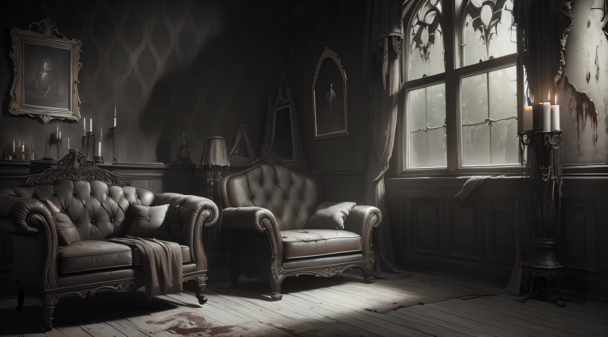 (interior design) (masterpiece) (ultra realistic) (raw) (picture of the whole room) (messy) (gothic couch, rocking chair, window) (old house, ripped wallpaper) (wide lens) (an old gothic scarry horror room) (blood on the wall) (dark) (candles) (candle lit) (paranormal feelings) (anamorphic lens) (night time) (haunted) (dirty) (god rays)