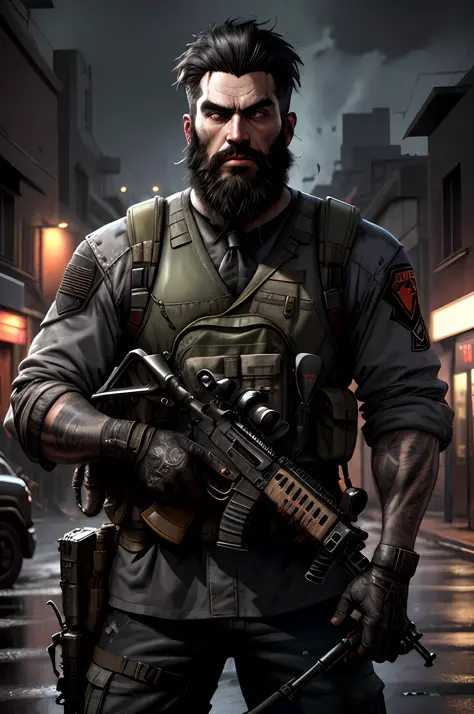black haired guerrilla with worn black uniform and assault vest, uses assault rifle, beard, ruined background, realistic, stylis...