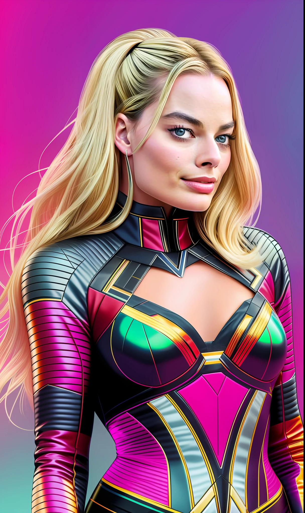 Erstellen Sie mit Realistic Vision 2 ein realistisches Bild von Margot Robbie.0 Modell. Stellen Sie sicher, dass das Bild eine hohe Qualität hat und so realistisch wie möglich ist. Verwenden Sie zur Erstellung des Bildes ein Referenzbild von Margot Robbie.