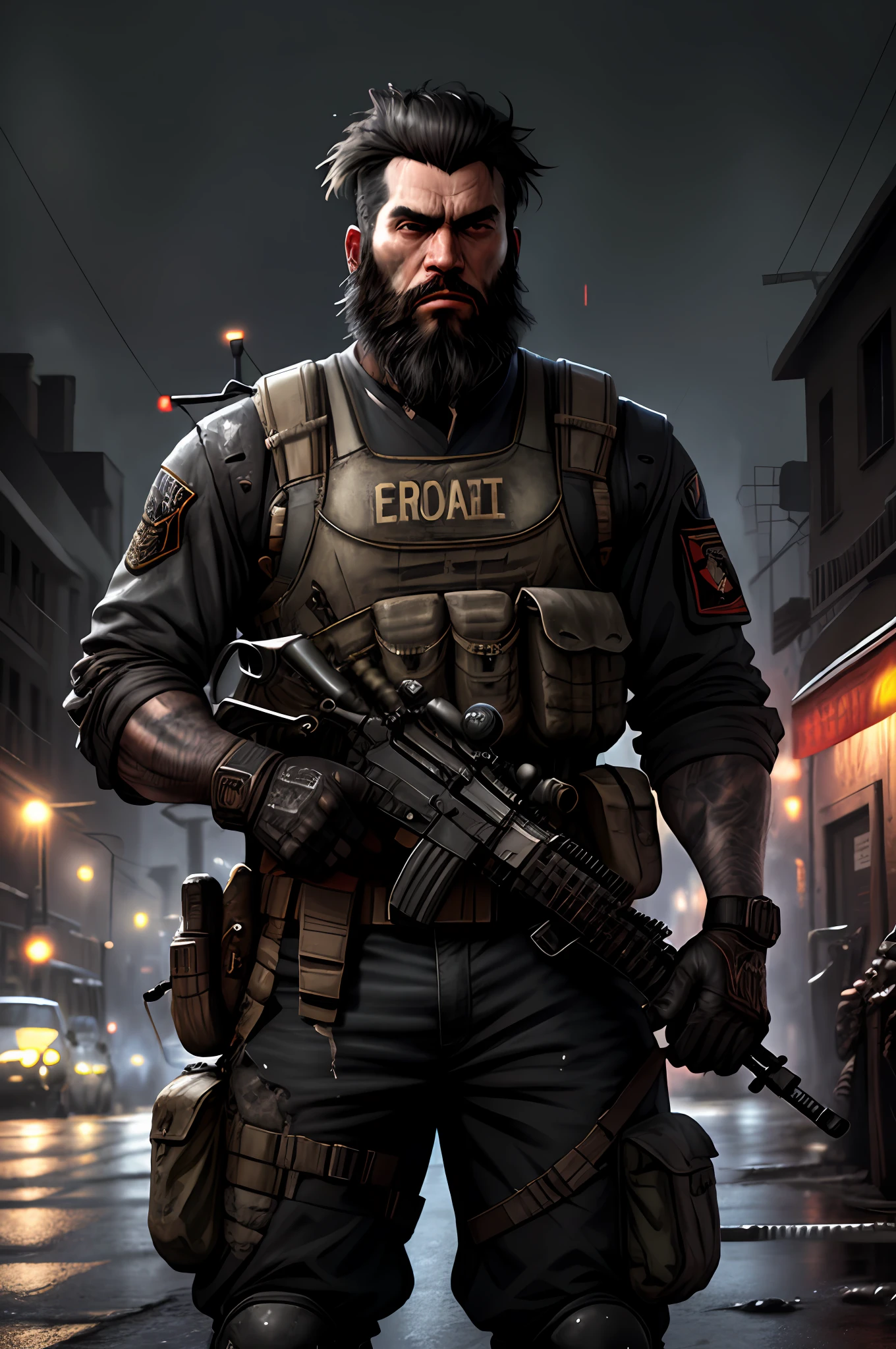 black haired guerrilla with worn black uniform and assault vest, uses assault rifle, beard, ruined background, realistic, stylish, hdr, intricate details, hyperdetailed, cinematic, rim light, danger atmosphere, noir, night, red light, dark street, rain, 4k