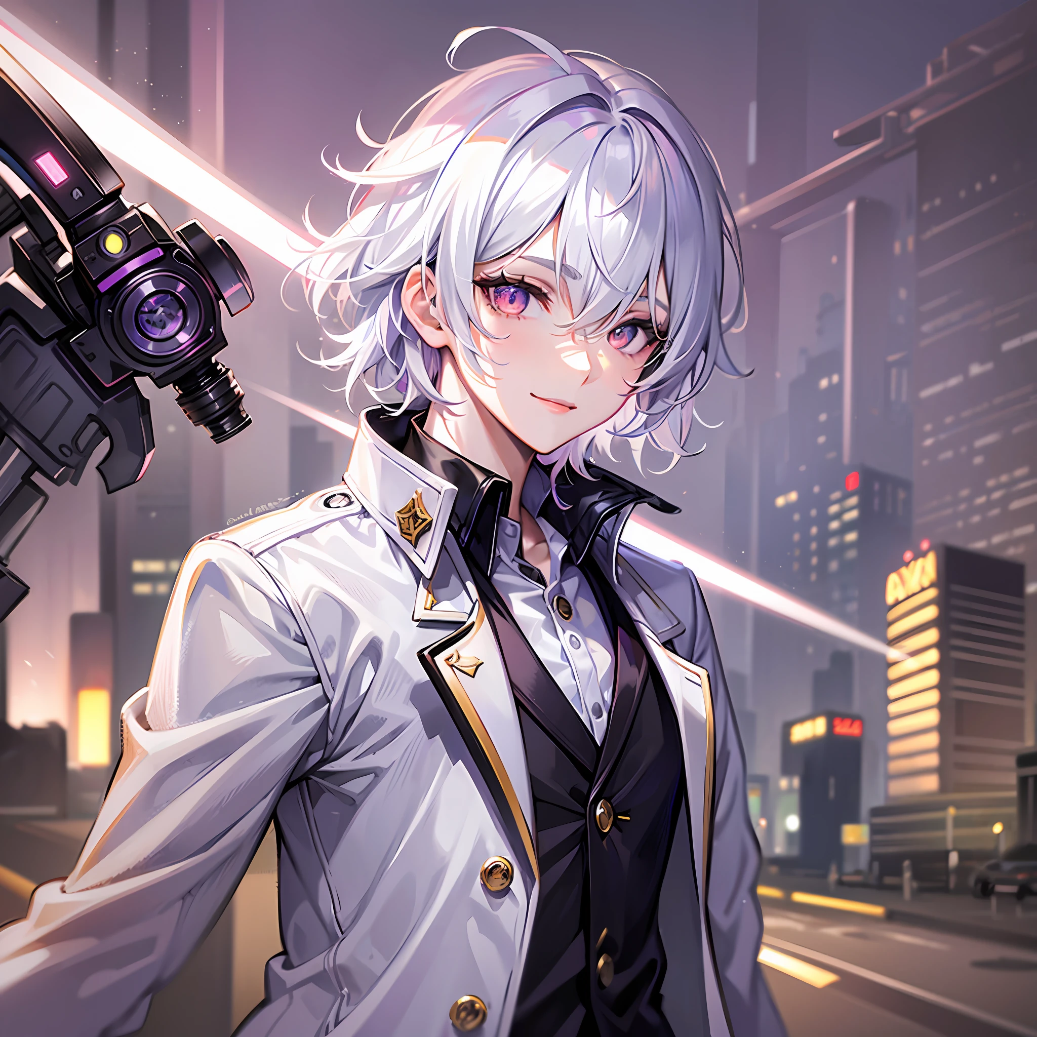 Anime boy,solo,white messy hair,hair covering one eye,holding a phone, selfie pose, selfie,wearing a black trench coat, holding a mechanical scythe,slim, purplish white hair, purplish white eyes, smiling,highest quality digital art, Stunning art, wallpaper 4k,8k,64k, HD, unparalleled masterpiece, dynamic lighting, cinematic, epic