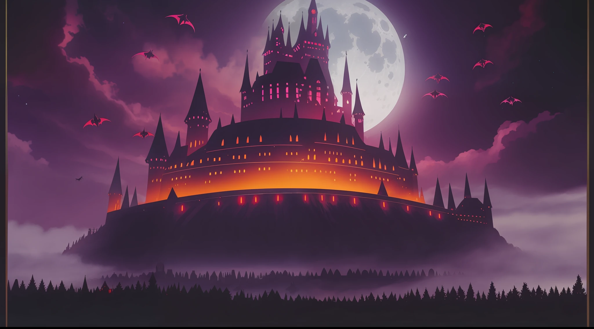 A scene concept art, vampire style, in the red fog stands a medieval black Gothic castle, with swarms of bats hovering around the castle in the air, and a huge full moon in the bloody sky