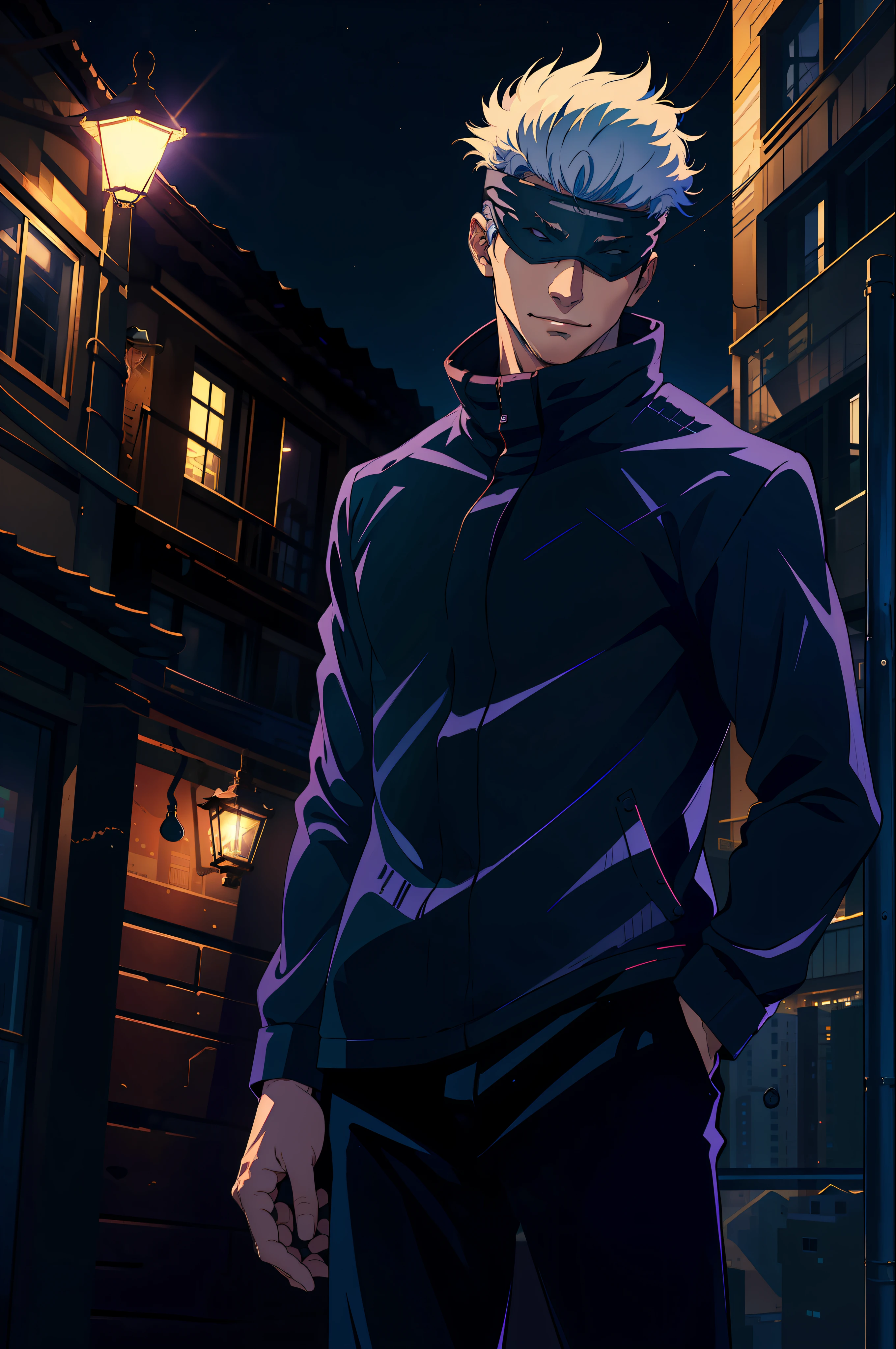 (masterpiece, best quality:1.2), cowboy shot, solo, male focus, 1boy, gojo satoru, smile, hands in pockets, blindfold, black jacket, highest quality digital art, rtx, ray tracing,night, moonlight,on top of a building, night lights,city