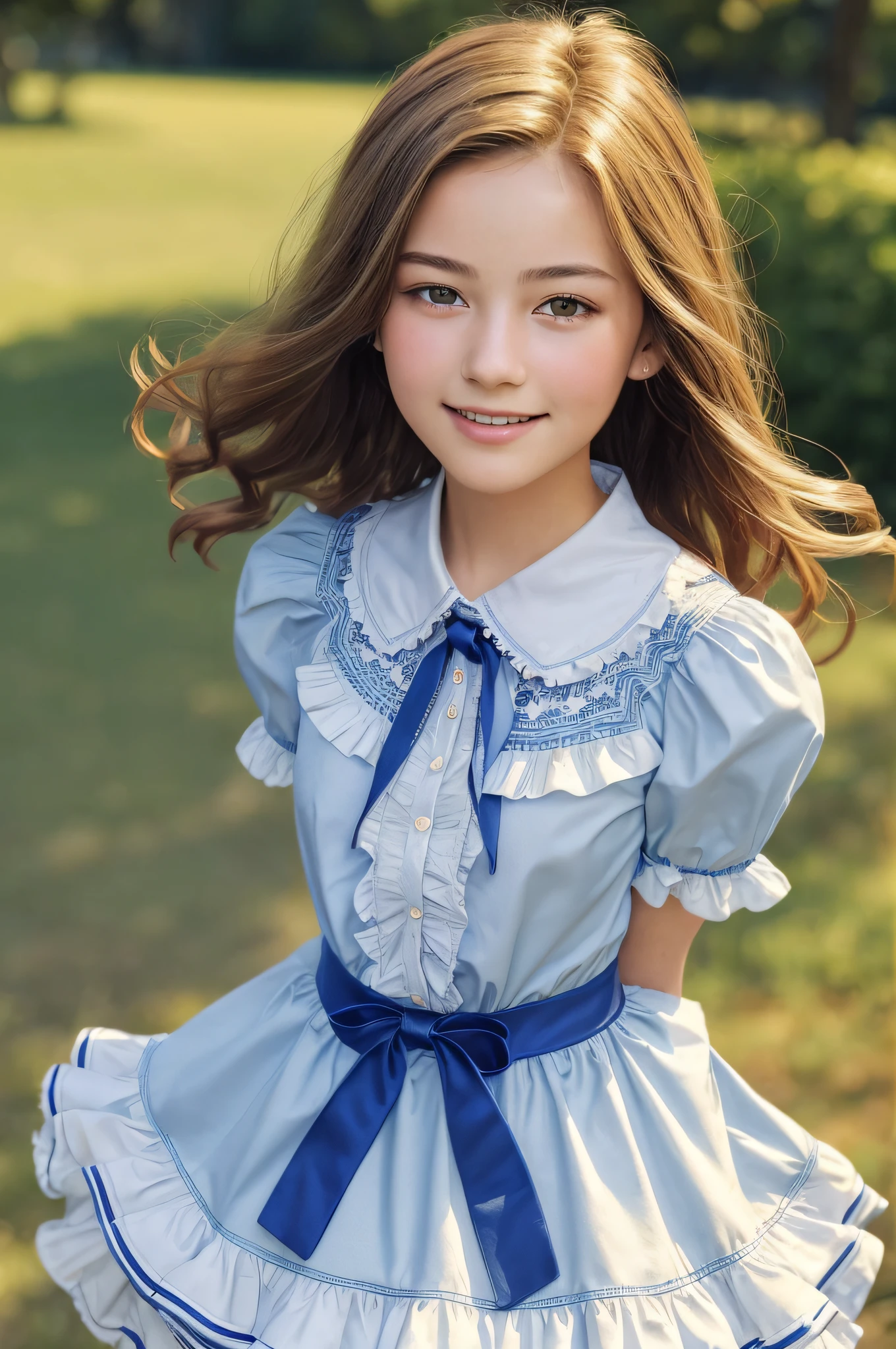 High resolution, one beautiful young woman, (soft saturation: 1.3), (fair skin: 1.2), (super detailed background, detailed background), bokeh, break portrait of smiling girl. When viewed from the front, the composition is symmetrical. Look straight at you with serious eyes, break sunlight, strong light, front light, glowing skin, (teenager: 1.3), (cowboy shot: 1.2), break ruffles, ruffled dresses, ruffled shirts, center ruffles, ruffled shirt collars, ruffled sleeves, ruffled ribbons, ruffled ties, ribbon ties, ruffled skirts Dutch angles, View Viewer Dynamic Pose