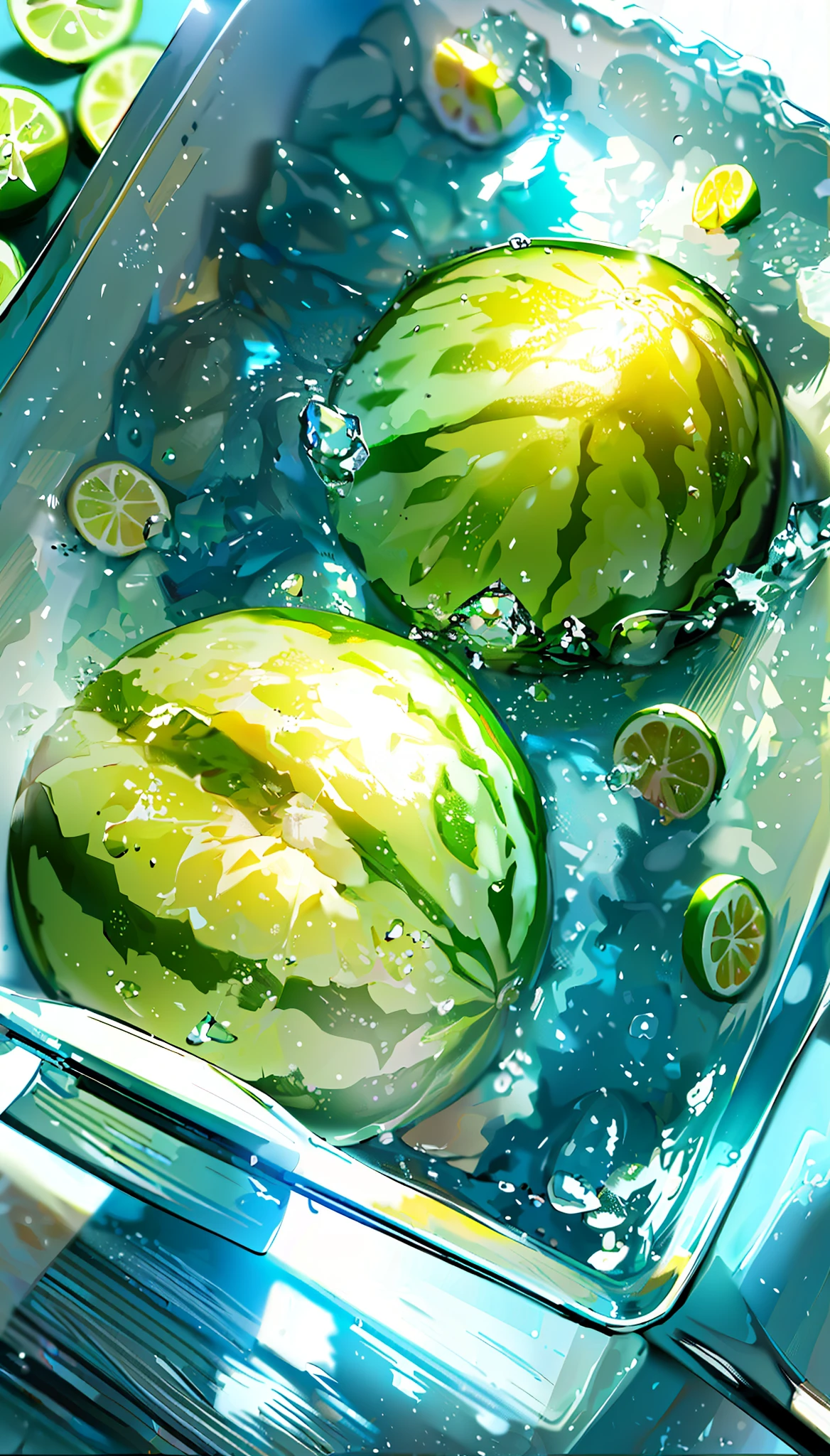 (最高品質, 8k, 32K, 傑作, 超高解像度: 1.2), watermelon with 水滴, アイスキューブ, レモン slices, レモン, ライム, 水滴