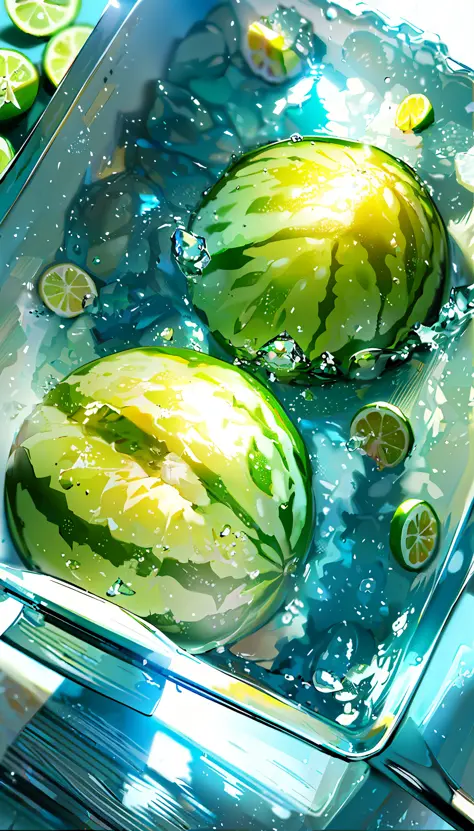 (Best quality, 8k, 32k, masterpiece, UHD: 1.2), watermelon with water droplets, ice cubes, lemon slices, lemon, lime, water droplets