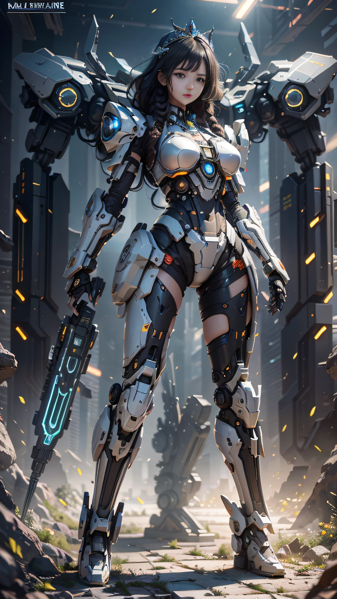 ((Best Quality)), ((Masterpiece)), (Very Detailed: 1.3), 3D, Icaru valkirie-mecha, Beautiful cyberpunk woman wearing crown, with master chef style armor, sci-fi technology, HDR (High Dynamic Range), ray tracing, nvidia RTX, super resolution, unreal 5, subsurface scattering, PBR texture, post-processing, anisotropic filtering, depth of field, maximum sharpness and sharpness, multi-layer texture, Specular and albedo mapping, surface shading,  accurate simulation of light-material interactions, perfect proportions, octane rendering, duotone lighting, low ISO, white balance, rule of thirds, wide aperture, 8K RAW, high efficiency subpixels, subpixel convolution, light particles, light scattering, Tyndall effect, very sexy, full body, battle pose, black hair with braids,