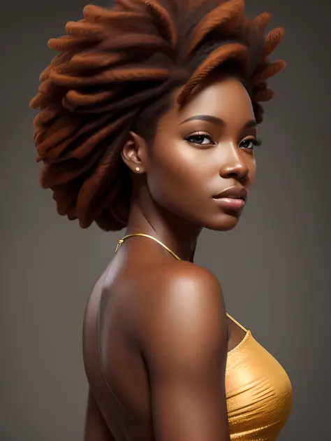 Black woman, coffee color skin with reddish hue, unbelievably beautiful, honey eyes, hyper realistic  facial details, golden rat...