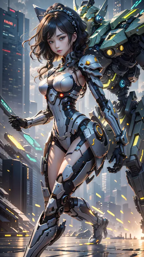 ((Best Quality)), ((Masterpiece)), (Very Detailed: 1.3), 3D, Icaru valkirie-mecha, Beautiful cyberpunk woman wearing crown, with...