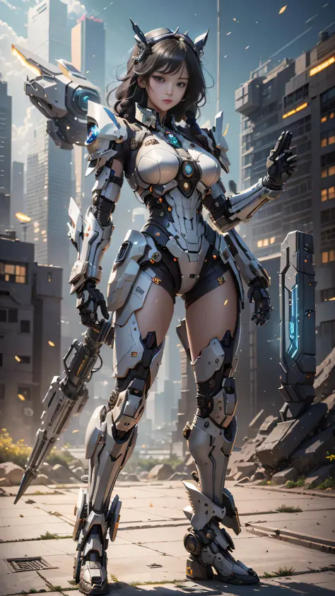((Best Quality)), ((Masterpiece)), (Very Detailed: 1.3), 3D, Icaru valkirie-mecha, Beautiful cyberpunk woman wearing crown, with master chef style armor, sci-fi technology, HDR (High Dynamic Range), ray tracing, nvidia RTX, super resolution, unreal 5, subs...
