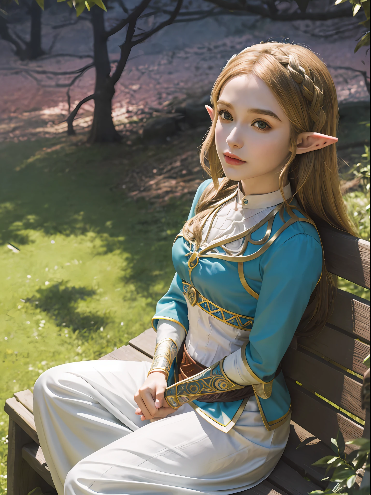 Imagem do estilo da mulher sentada em um banco do parque, Retrato de Zelda, retrato da princesa Zelda, princesa elfa, charming princesa elfa Knight, garota elfa, Princess Zelda, Retrato de elfo, de A Lenda de Zelda