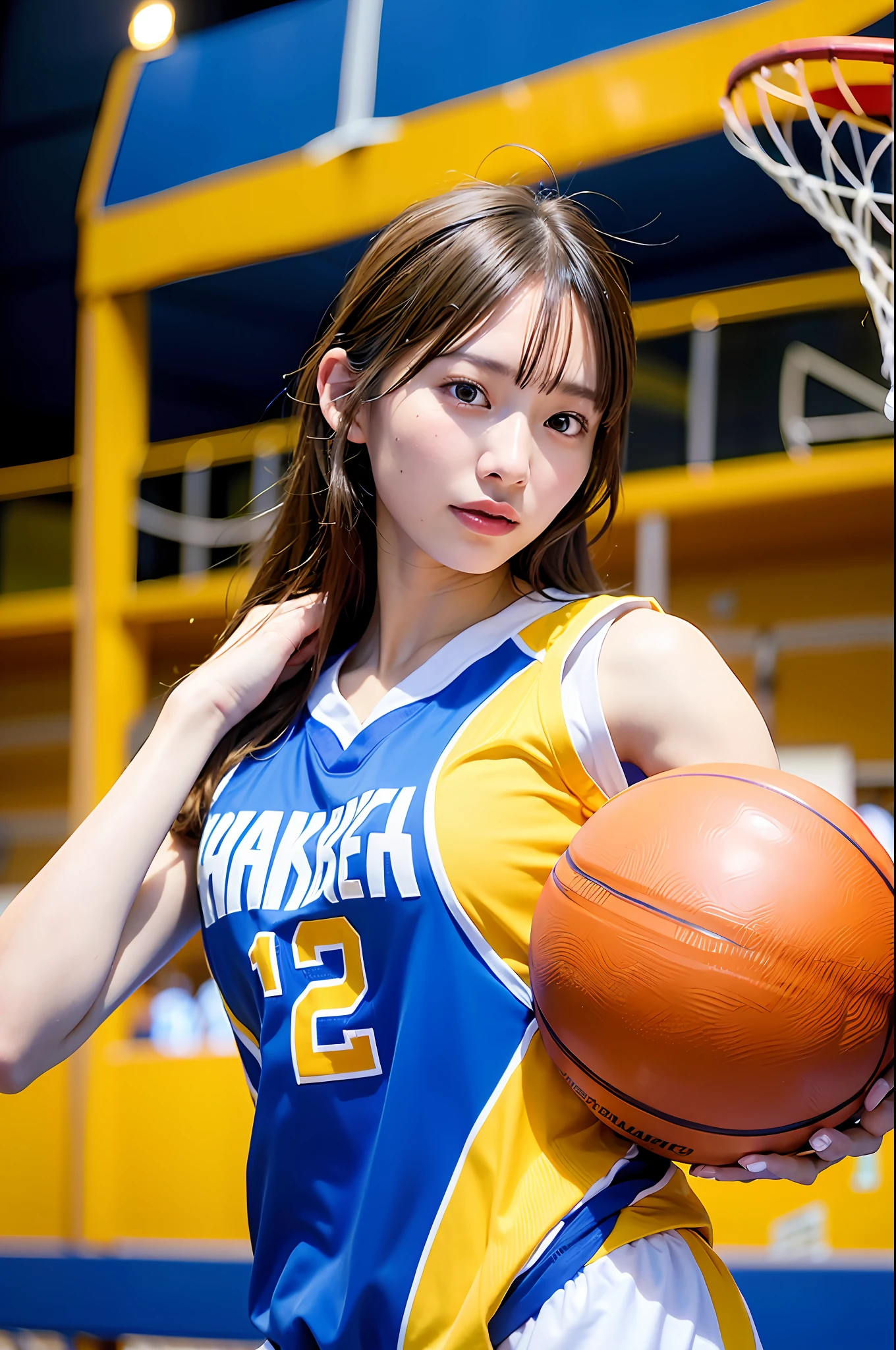 Woman playing basketball (wearing basket_uniform: 1.3), blue and yellow uniform,
Good hands, 4K, high resolution, masterpiece, top quality, head: 1.3, (((Hasselblad photo)), fine skin, sharp focus, (cinematic lighting), night, soft lighting, dynamic angle, [:( detail face: 1.2):0.2],((((inside_basketball_field)))),