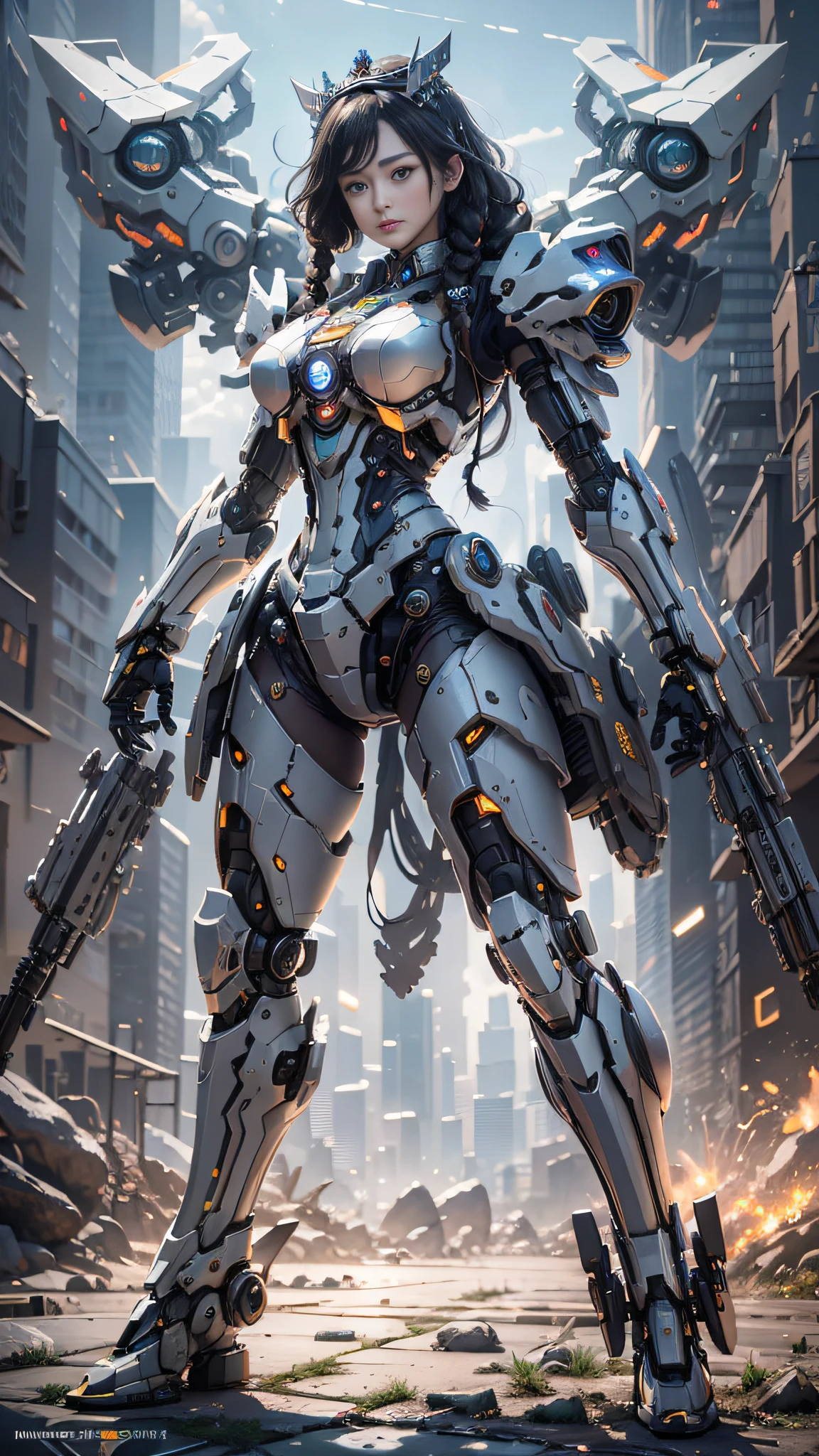 ((Best Quality)), ((Masterpiece)), (Very Detailed: 1.3), 3D, Icaru valkirie-mecha, Beautiful cyberpunk woman wearing crown, with master chef style armor, sci-fi technology, HDR (High Dynamic Range), ray tracing, nvidia RTX, super resolution, unreal 5, subsurface scattering, PBR texture, post-processing, anisotropic filtering, depth of field, maximum sharpness and sharpness, multi-layer texture, Specular and albedo mapping, surface shading,  accurate simulation of light-material interactions, perfect proportions, octane rendering, duotone lighting, low ISO, white balance, rule of thirds, wide aperture, 8K RAW, high efficiency subpixels, subpixel convolution, light particles, light scattering, Tyndall effect, very sexy, full body, battle pose, black hair with braids,