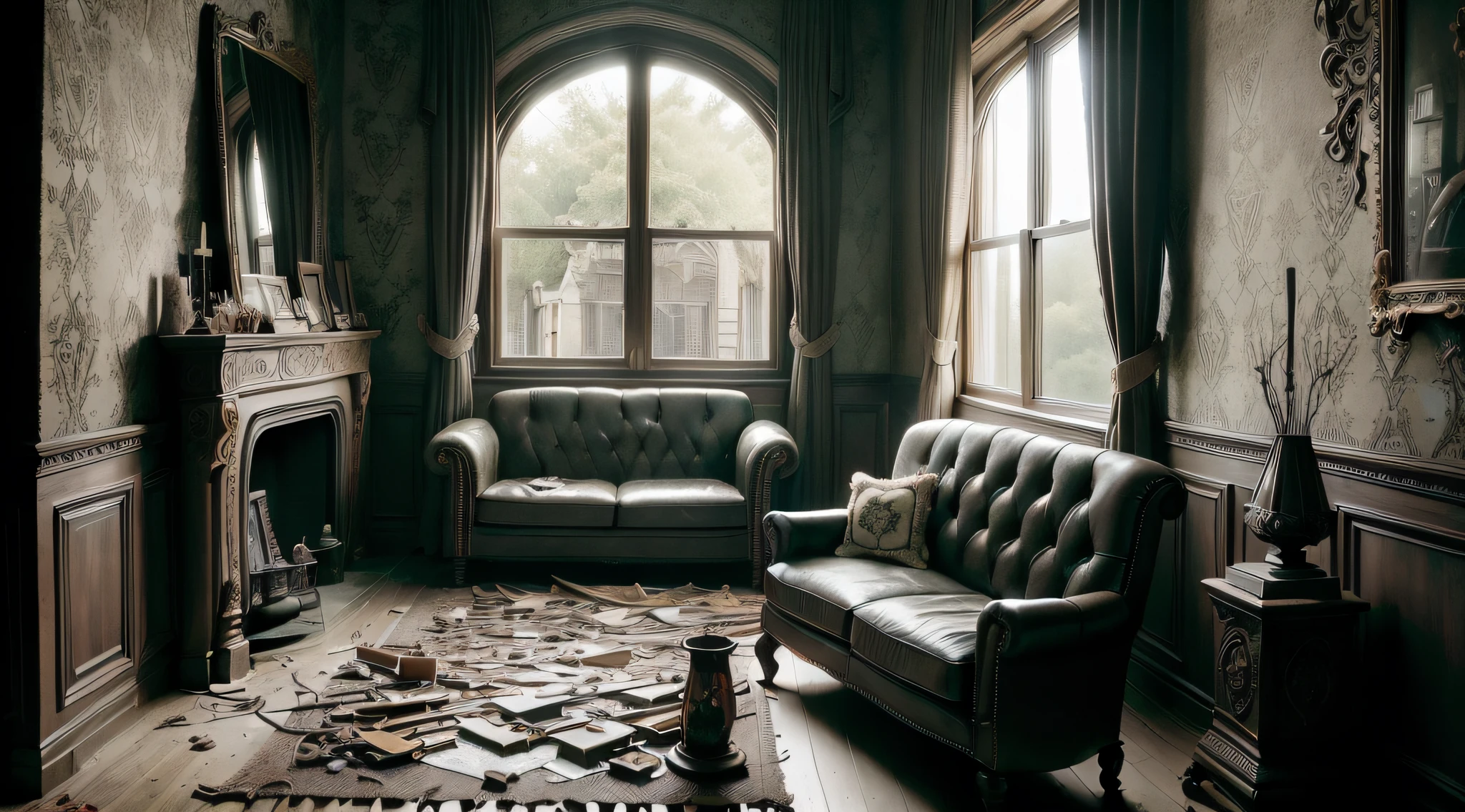 (interior design) (masterpiece) (ultra realistic) (raw) (picture of the whole room) (messy) (gothic couch, rocking chair, window) (old house, ripped wallpaper) (wide lens) (an old gothic scarry horror room) (blood on the wall) (dark) (candles) (candle lit) (paranormal feelings) (anamorphic lens) (night time) (haunted) (dirty) (god rays)