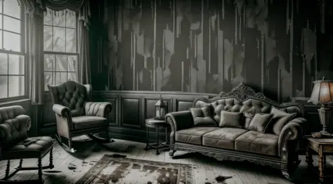 (interior design) (masterpiece) (ultra realistic) (raw) (picture of the whole room) (messy) (gothic couch, rocking chair, window...