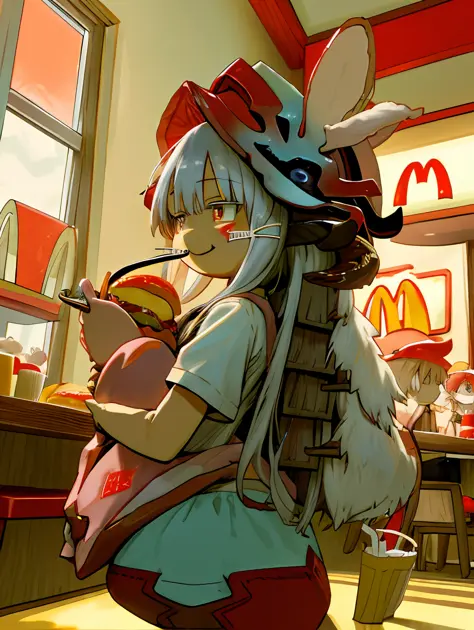 , nanachi \(made in abyss\), nanachipants, nanachihat sfw, food, fast food, junk food, American size food, hamburger, mcdonald's...