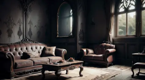 (interior design) (masterpiece) (ultra realistic) (raw) (picture of the whole room) (messy) (gothic couch, rocking chair, window) (old house, ripped wallpaper) (wide lens) (an old gothic scarry horror room) (blood on the wall) (dark) (candles) (candle lit)...