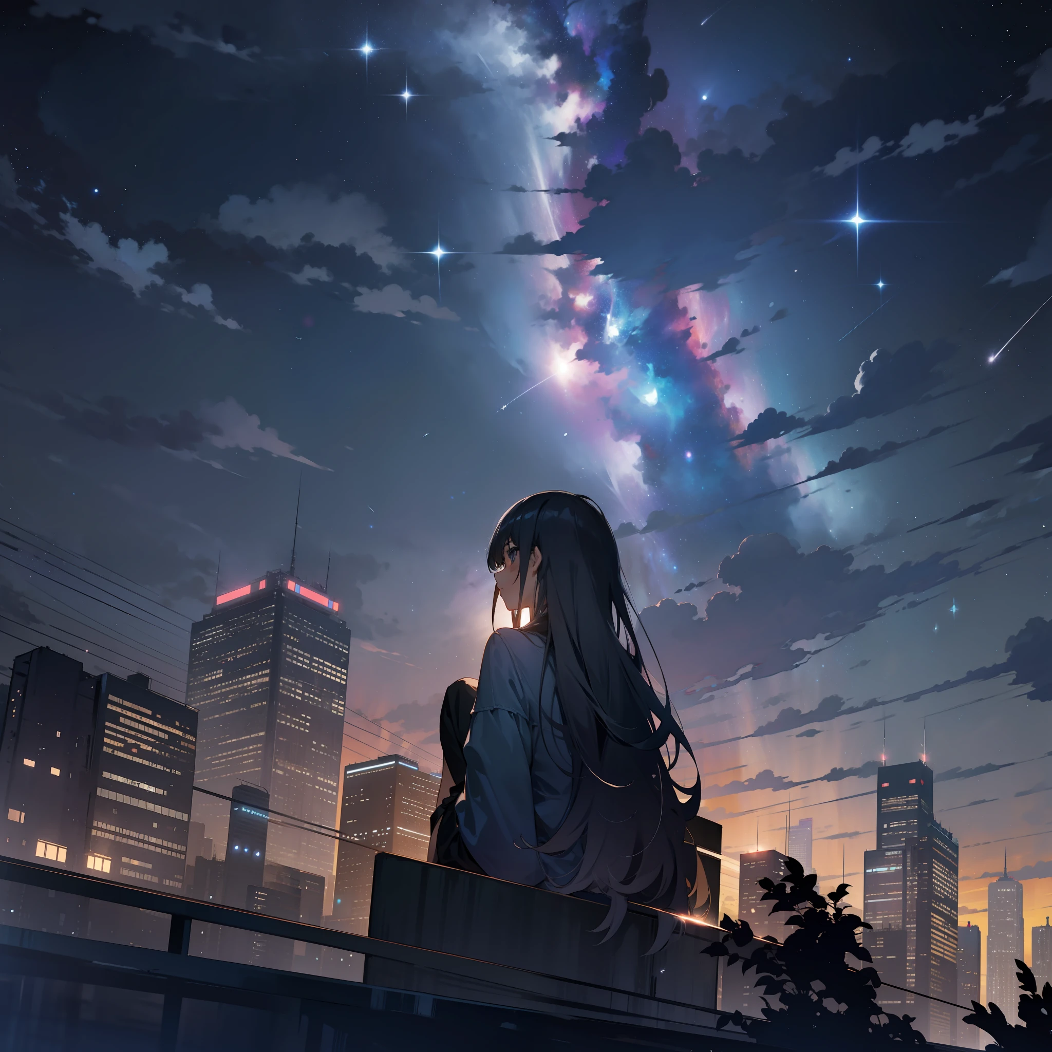 sky, star (sky), scenery, starry sky, night, 1girl, night sky, solo, outdoors, building, cloud, milky way, sitting, tree, long hair, city, silhouette, cityscape