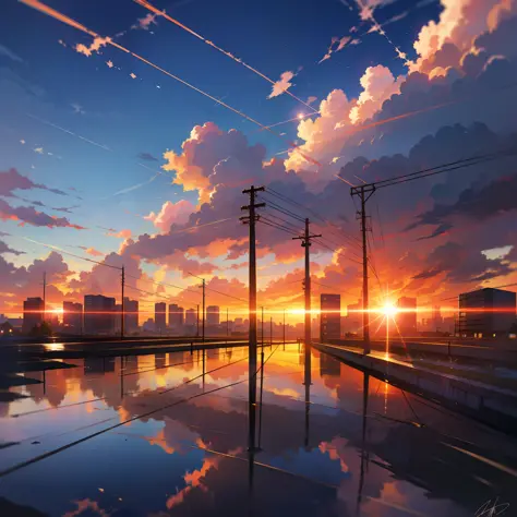 no humans, scenery, cloud, sky, reflection, outdoors, sunset, signature, cloudy sky, sign, utility pole, building, power lines, road sign, blue sky, mirror, city, sun, cityscape, horizon, lens flare
