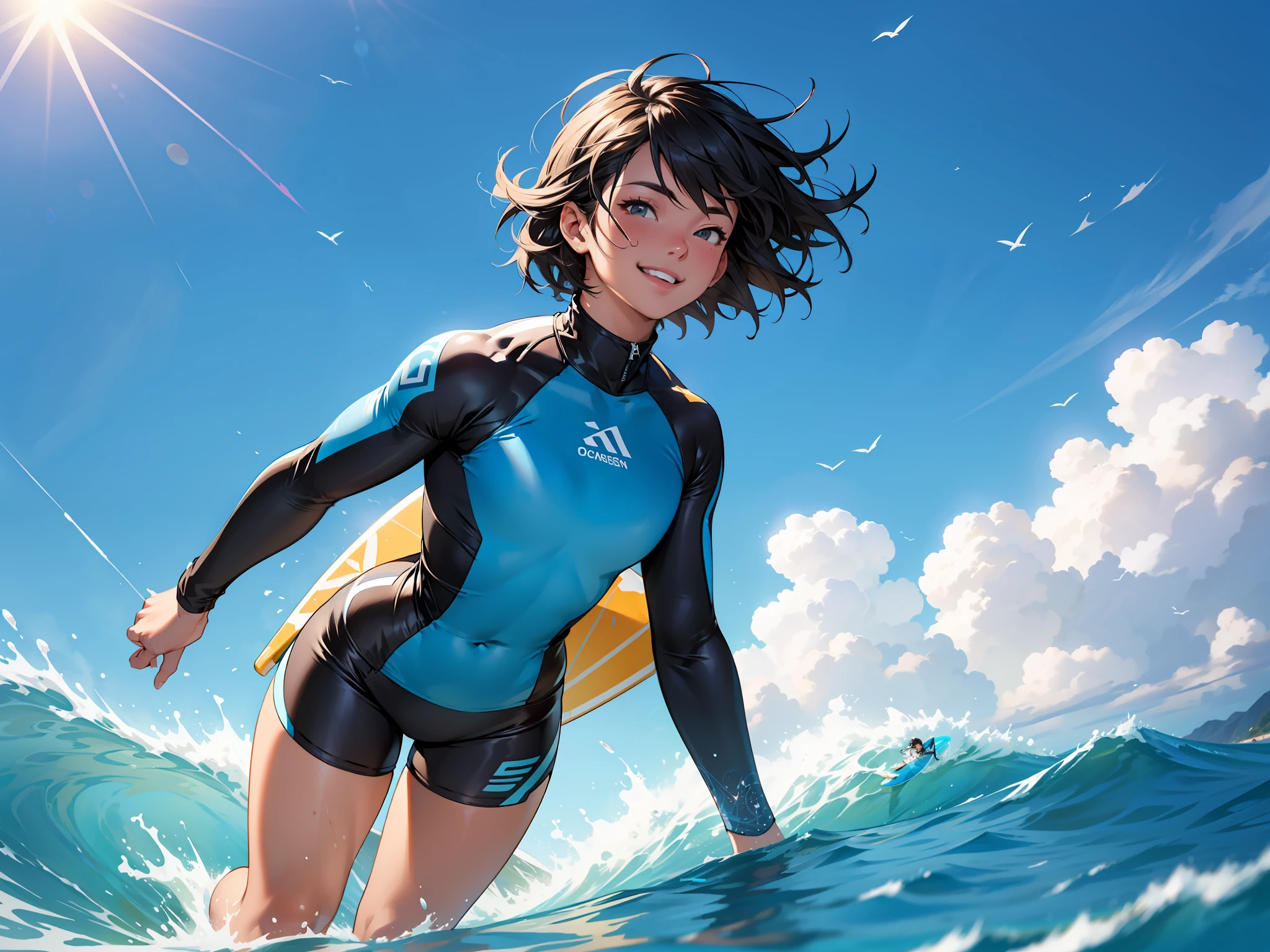 Anime girl in a wetsuit surfing on a sunny day - SeaArt AI