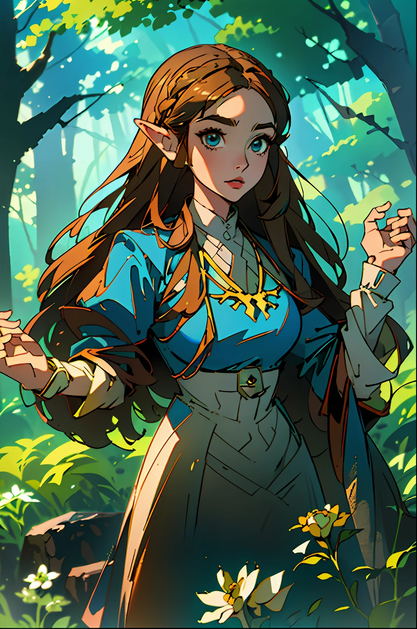 (best quality:1.2, masterpiece:1.2), (detailed eye:1.2), intricate detail, depth of field, 1girl, standing, upper body, princess zelda, long hair, forest, looking at viewer.
