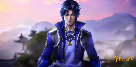 Anime characters with black hair and blue eyes in blue costumes, Hirase Jinyao in "Genshin Impact", Zhongkun in "Genshin Impact"...