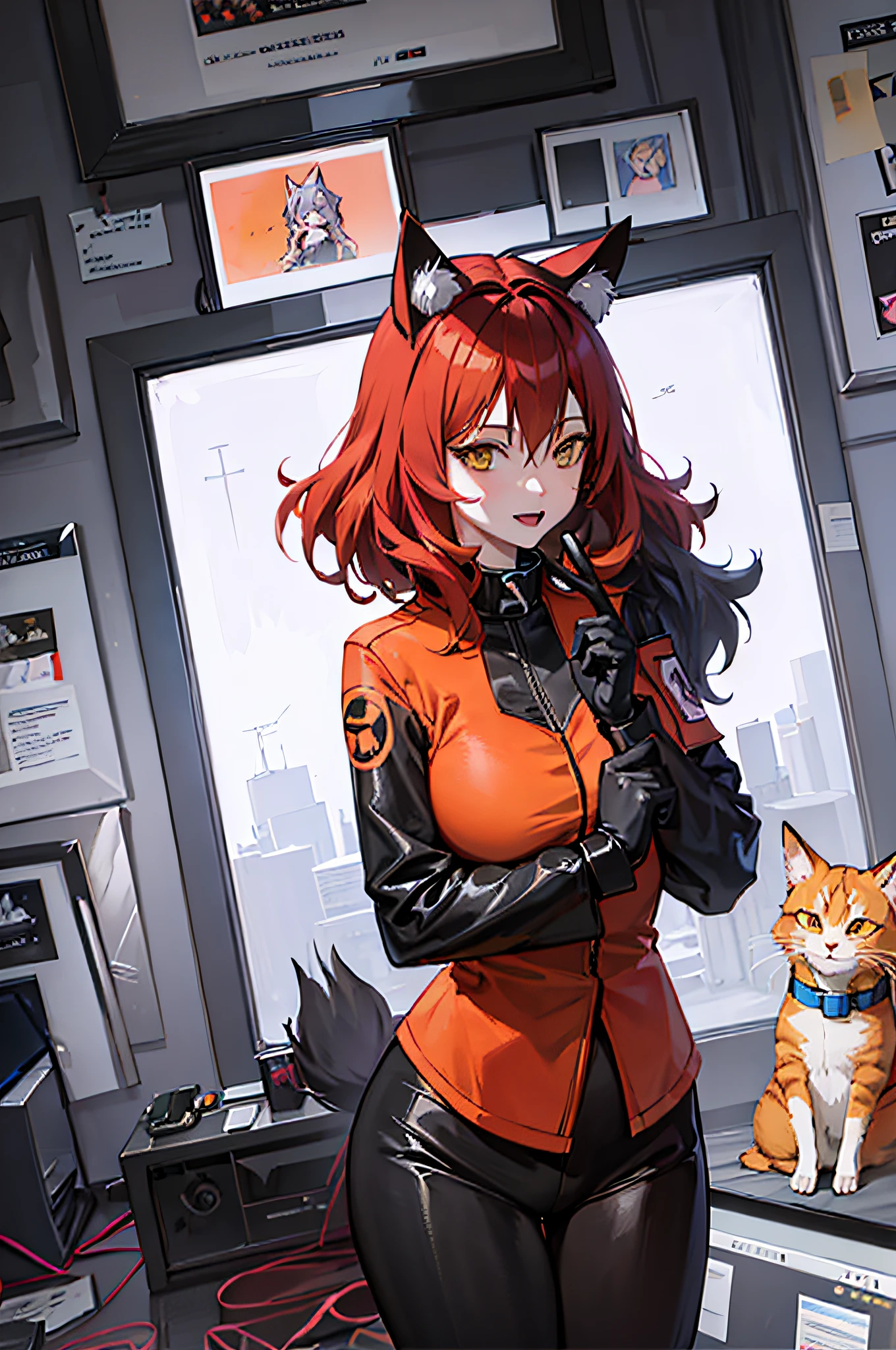 Anime - style woman holding cell phone in orange costume, anime cat woman, anime cat, anime style 4 K, fox girl, anime style mixed with Fujifilm, anime style. 8k, realistic anime 3D style, beautiful anime catwoman, drawn in anime painter studio, cute anime catwoman, anime style, made with anime painter studio, flowing hair, fine hair