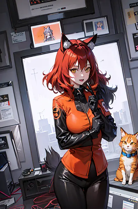 Anime - style woman holding cell phone in orange costume, anime cat woman, anime cat, anime style 4 K, fox girl, anime style mix...
