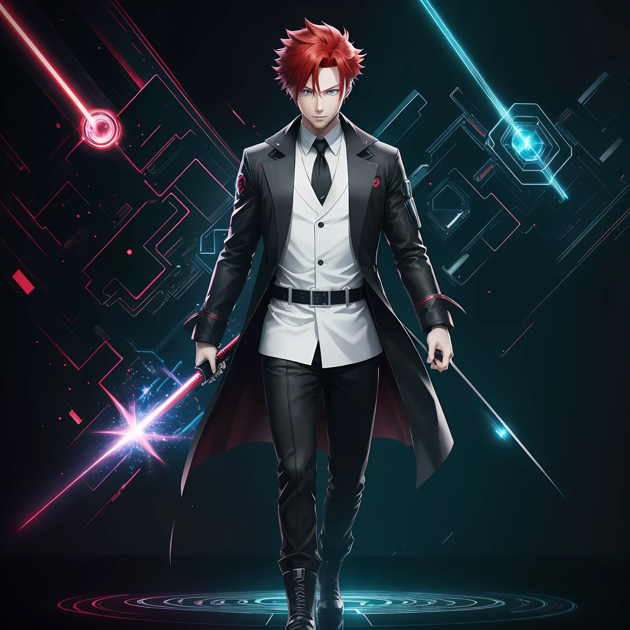 1 personaje masculino de anime, rojo hair, wearing high-tech negro gloves,  alta tecnología, heterocromía - SeaArt AI