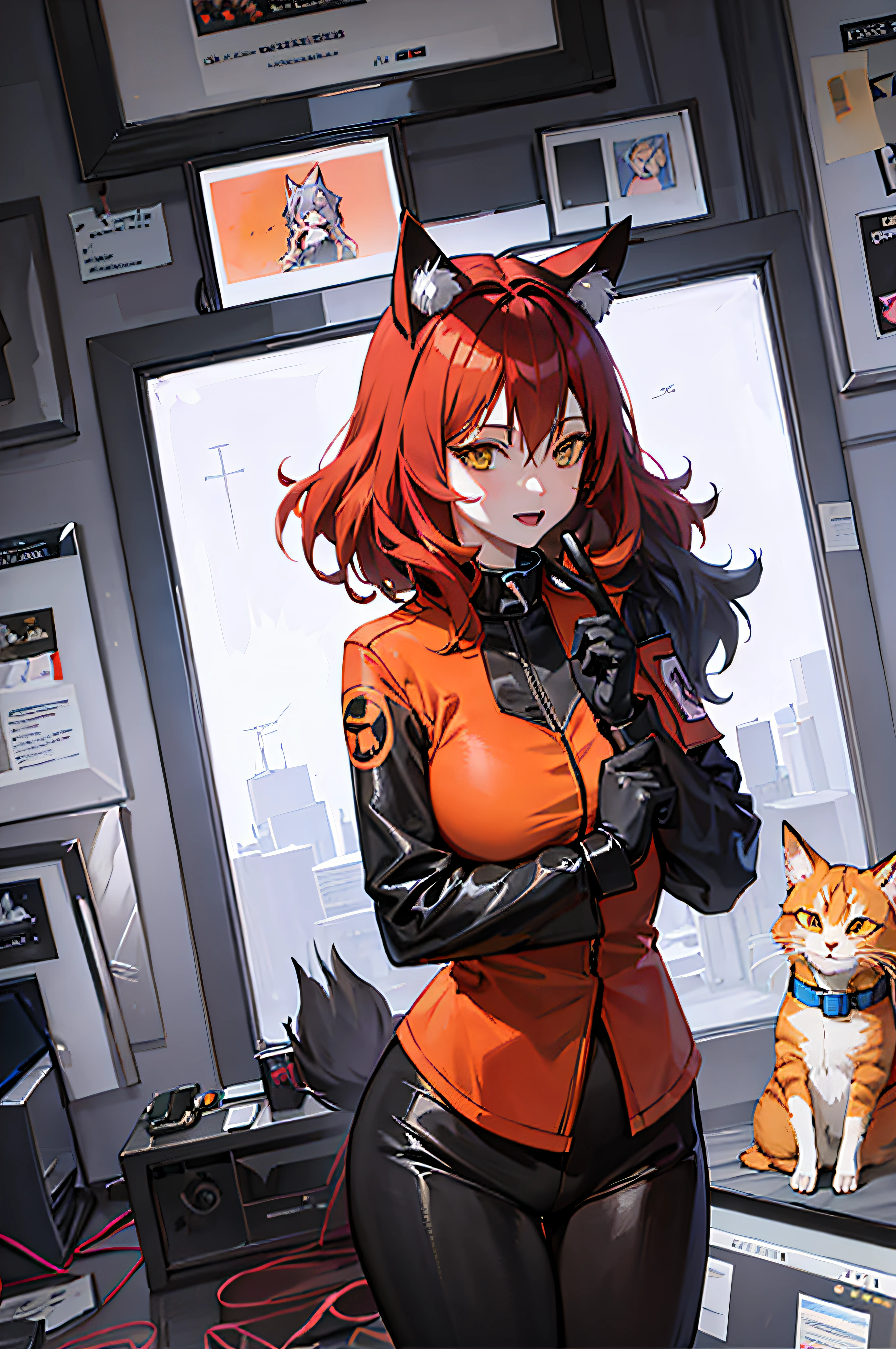 Frau im Anime-Stil mit Handy im orangefarbenen Kostüm, Anime-Katze woman, Anime-Katze, Anime-Stil 4 K, Fuchs Mädchen, Anime-Stil mixed with Fujifilm, Anime-Stil. 8k, Realistischer Anime-3D-Stil, beautiful Anime-Katzewoman, gezeichnet im Anime-Malerstudio, cute Anime-Katzewoman, Anime-Stil, erstellt mit Anime Painter Studio, wallende Haare, feines Haar