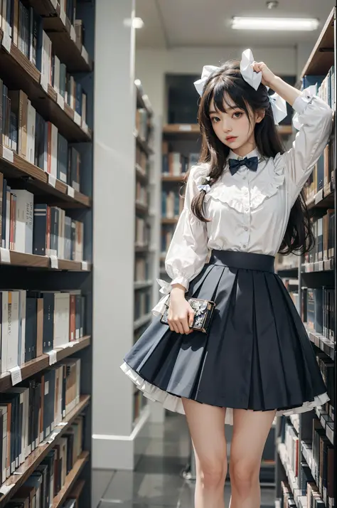 Woman standing alone in library, white floral blouse, dark blue bow tie, dark blue skirt with ruffles, white silk tri-fold socks, wearing pumps, white light background