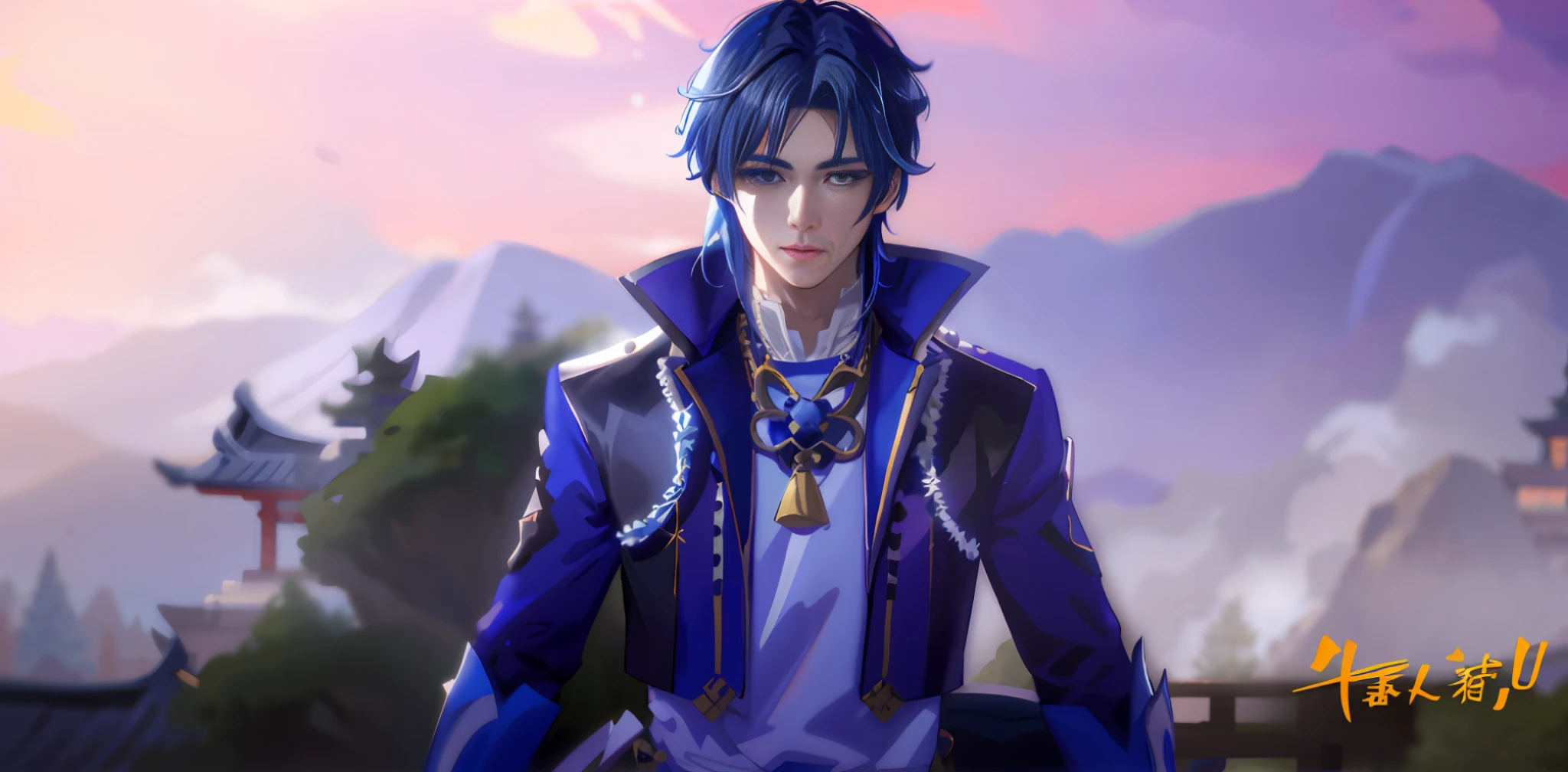 Anime characters with blue hair and necklaces standing in front of the mountain, Masamune, inspired by Masanobu Okumura, Chris inspired by Delta, Kokiyo from Genshin Impact, handsome guy in Demon Slayer art, Kayao Hirase, highly detailed delicate doujin art, handsome man in anime, beautiful androgynous prince, blurred background