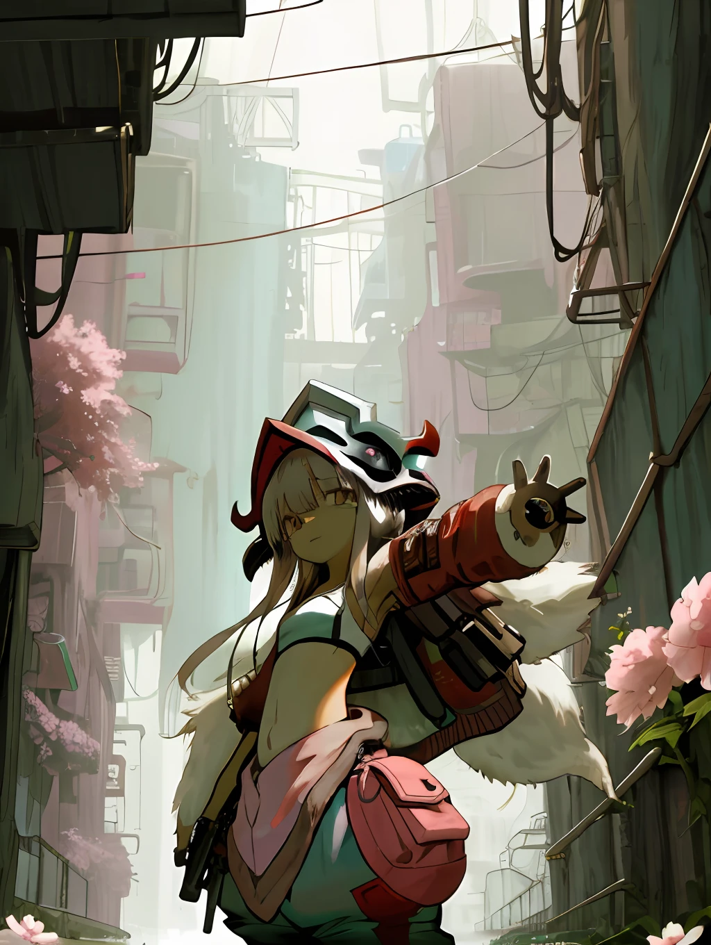 nanachi \(im Abgrund gemacht\), Abonnieren, nanachihat, in a cyberpunk city, Bomberjacke aus glänzendem Kunststoff, Blumen, brauner Fellkörper, große braune Ohren, weißer Sport-BH